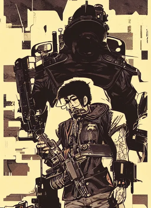 Image similar to hector tanaka. cyberpunk mercenary with scenic background. portrait illustration, pop art, art by ashley wood, alphonse mucha, laurie greasley and josan gonzalez. cinematic. beautiful lighting. realistic proportions. creative