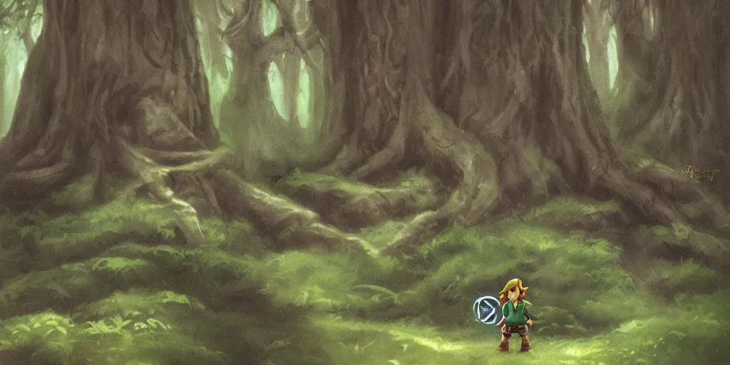 Prompt: close up of young link with orb of light entering an old!!! forest temple!!! full of green trees and plants, under a gray foggy sky, oil painting, beautiful, legend of zelda