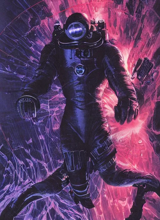 Image similar to astronauts divers in dark void underwater - complex and hyperdetailed technical suit design. reflection and dispersion materials. rays and dispersion of light. volumetric light. f / 3 2. noise film photo. flash photography. ultra realistic, 5 0 mm. poster by wayne barlowe, hajime sorayama aaron horkey, craig mullins