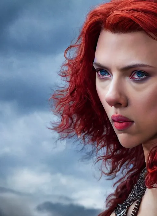 Image similar to scarlett johansson portraying a beautiful red sonja, beautiful scarlett johansson red sonja, movie, hyper realistic, hollywood promotional image, imax, 8 k