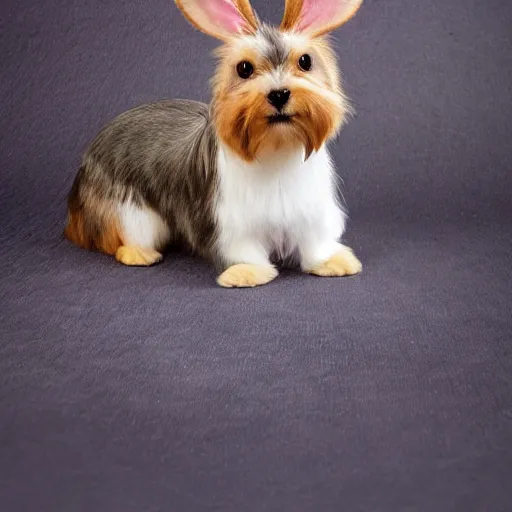 Prompt: a floppy - eared bunny and yorkie dog hybrid, bunny - yorkie, wildlife photography, realistic