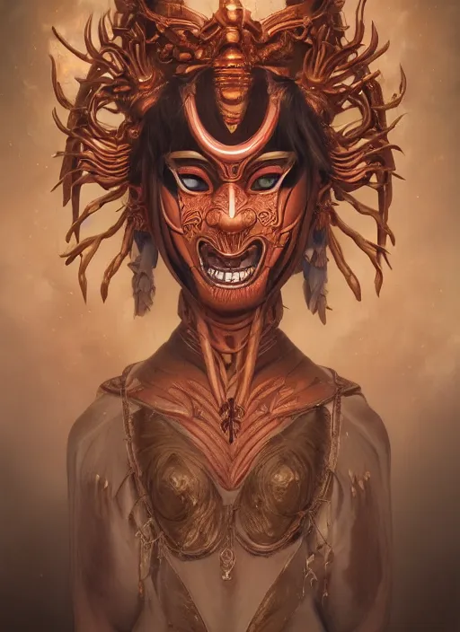 Prompt: a beautiful detailed oil on copper art illustration of a japanese saru mask devil woman, centered, by charlie bowater, zeng fanzh, trending on artstation, dim dusk lighting, cinematic lighting, detailed lighting, volumetric lighting, realistic, f 8, 4 k hd wallpaper