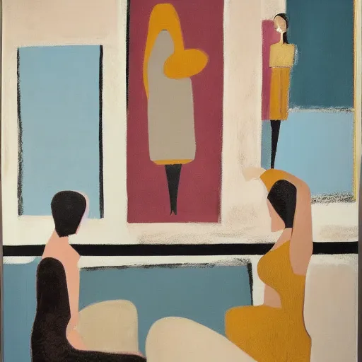 Image similar to A modern abstract painting depicting three women figures in three different rooms doing different poses, pastel modern earthy neutral tones, interesting geometry