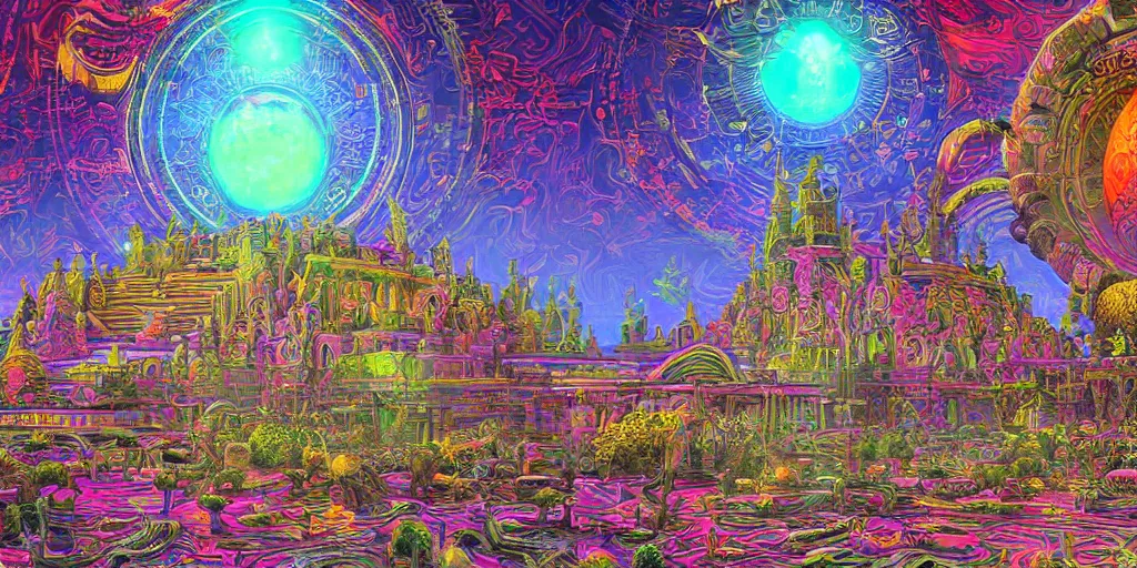 Image similar to temple of the supreme artificial intelligence on an earth like psychedelic planet, beautiful ultra detailed colorful digital art