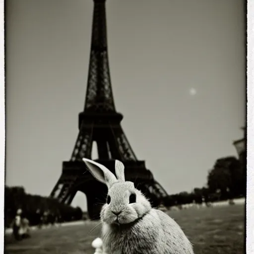 Image similar to a rabbit selfie in front of the eiffel tower, black and white vintage photograph