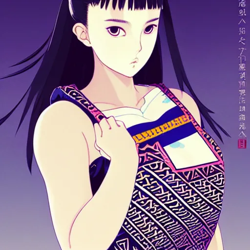 Image similar to a beautiful plus sized model japanese natalie portman, alluring plus sized model, wearing mayan leotard with elegant mayan apron overalls, street fashion hip hop style with mayan patterns, aztec street fashion, gapmoe yandere grimdark, trending on pixiv fanbox, painted by greg rutkowski makoto shinkai takashi takeuchi studio ghibli, akihiko yoshida