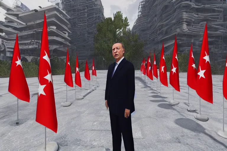 Prompt: epic cutscene of the final boss tayyip erdogan getting defeated in an open world game, hyperralistic, unreal engine, 8 k, raytracing, subsurface scattering