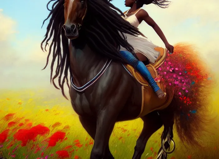 Image similar to full body portrait of young black woman riding a horse, flowing dreads, beautiful clydesdale, field of colorful flowers, highly detailed, digital painting, artstation, concept art, smooth, sharp focus, illustration, face by wlop, illustrated by mars ravelo and greg rutkowski