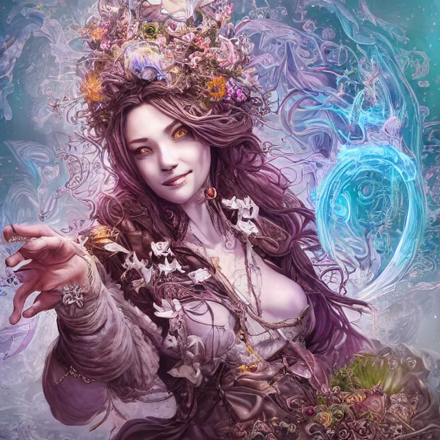 Image similar to the portrait of chaotic good female druid alchemist as absurdly beautiful, gorgeous, elegant, mature happy woman, an ultrafine hyperdetailed illustration by kim jung gi, irakli nadar, intricate linework, sharp focus, bright colors, octopath traveler, final fantasy, unreal engine 5 highly rendered, global illumination, radiant light, detailed and intricate environment