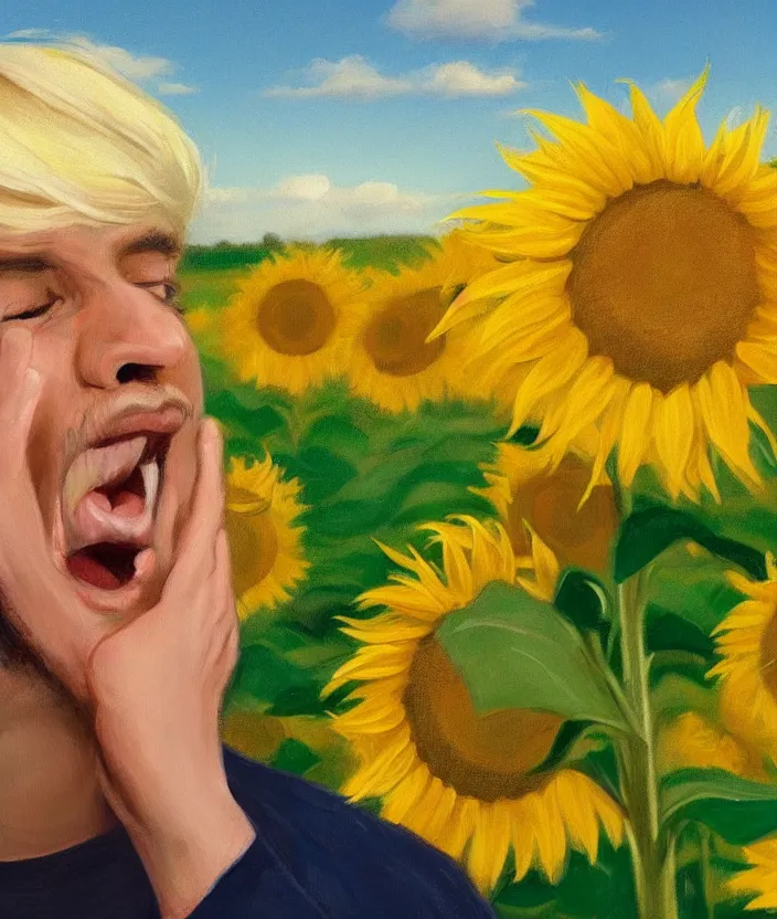 Image similar to a closeup portrait of a man in a blonde bob wig with blonde bangs, standing in beautiful sunflower field, screaming and sad, highly detailed, aesthetic clouds in the sky, in the style of edward hopper, very fine brush strokes, 4 k,