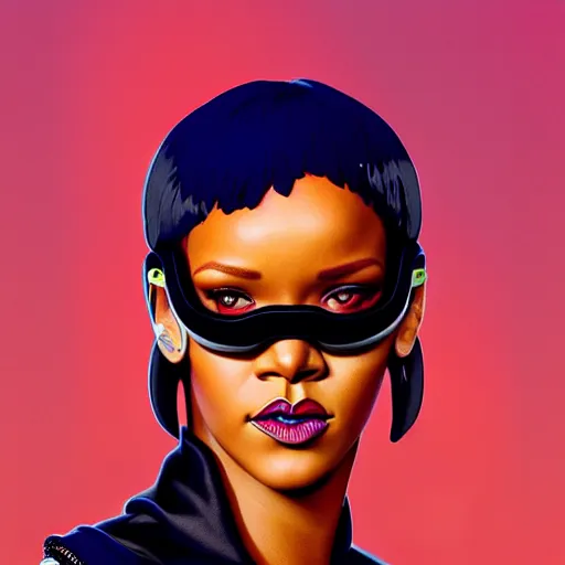 Image similar to Rihanna wearing opaque reflective goggles profile picture by Greg Rutkowski, asymmetrical, futuristic, volumetric lights, streetwear, studio ghibli, Organic Painting , Matte Painting, geometric shapes, hard edges, trending on the artstation, fantasy LUT, realistic by Sachin Teng + Martin Grip + Moebius + Patrick Gleason, smooth, sharp focus, illustration, art by John Collier and Albert Aublet and Krenz Cushart and Artem Demura and Alphonse Mucha, techwear, Industrial Scifi, detailed illustration, character portrait,