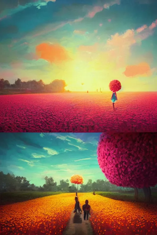 Image similar to giant flower head, girl walking in a flower field, surreal photography, sunrise, dramatic light, impressionist painting, colorful clouds, digital painting, artstation, simon stalenhag