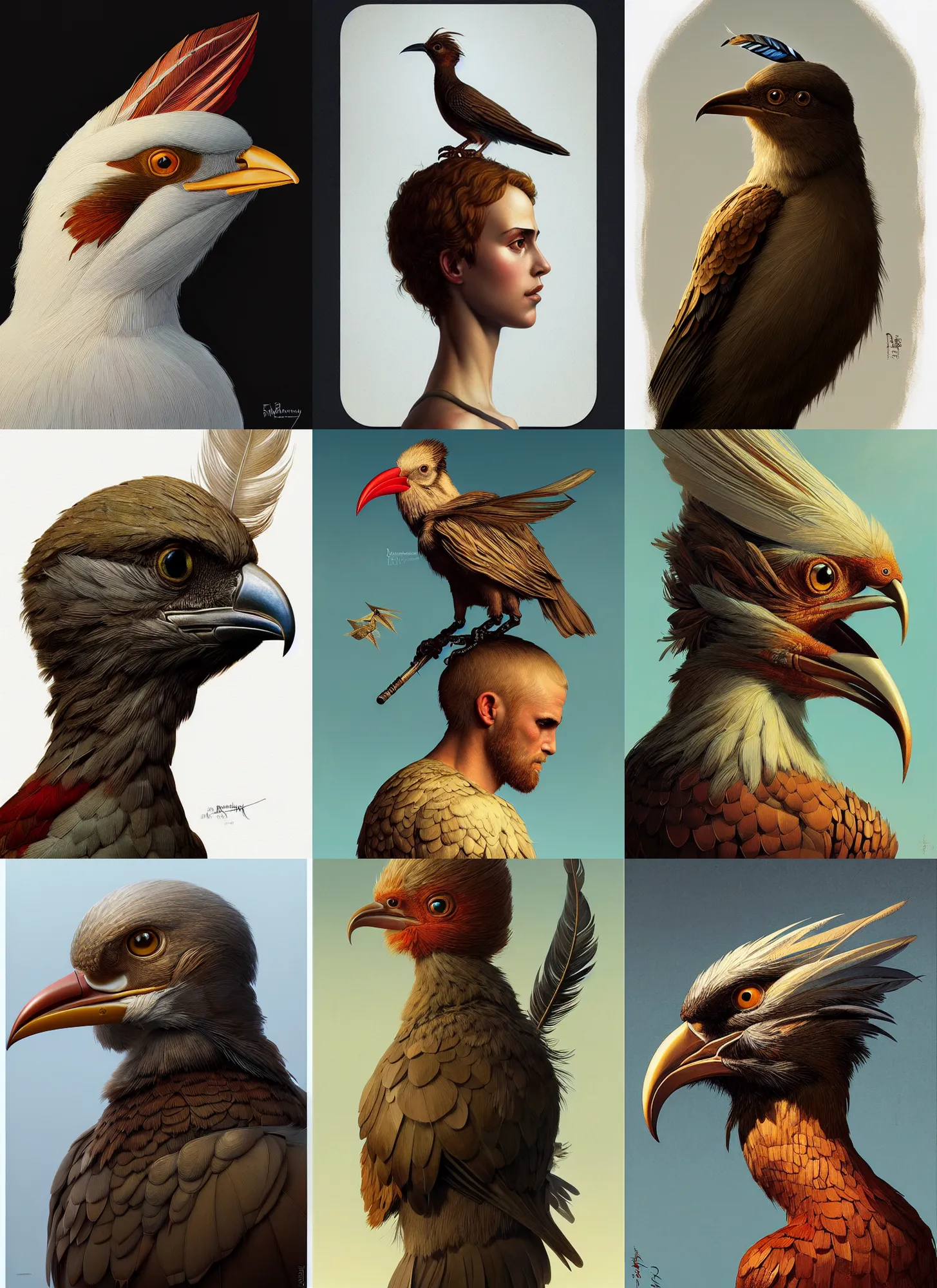 Prompt: rpg! profile!! portrait of humanoid bird on white background, beak, feathers, intricate, highly detailed, digital painting, artstation, concept art, smooth, sharp focus, illustration, art by norman rockwell emiliano ponzi andrey remnev yoann lossel aaron jasinski, 8 k