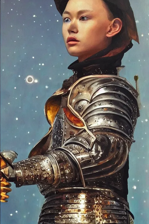 Image similar to hyperrealism oil painting, close-up portrait of medieval fashion model, knight, steel gradient mixed with nebula sky, in style of baroque mixed with 70s japan book art