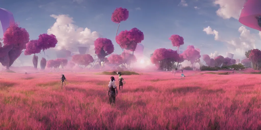 Prompt: people celebrate in a futuristic village next to wheatfields of pink plants, pink trees, pink grass, spaceships in the sky, at dawn, epic scale ultrawide angle, stunning, epic, cinematic, artstation trending, octane render, hyperrealistic, cryengine 8 k uhd