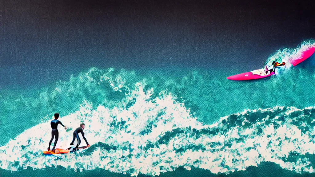 Image similar to surfing in miura, kanagawa japan, a collage painting, in the style of wes anderson, lola dupre, david hockney, isolated on negative white space background dark monochrome neon fluorescent spraypaint accents volumetric octane render