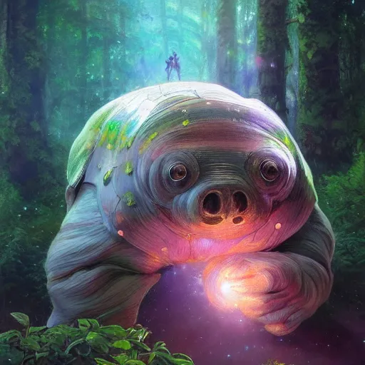 Image similar to ultra realistic illustration of magical tardigrade, forest, fantasy, colorful lights, intricate, elegant, highly detailed, digital painting, artstation, concept art, smooth, sharp focus, illustration, art by artgerm and greg rutkowski and alphonse mucha