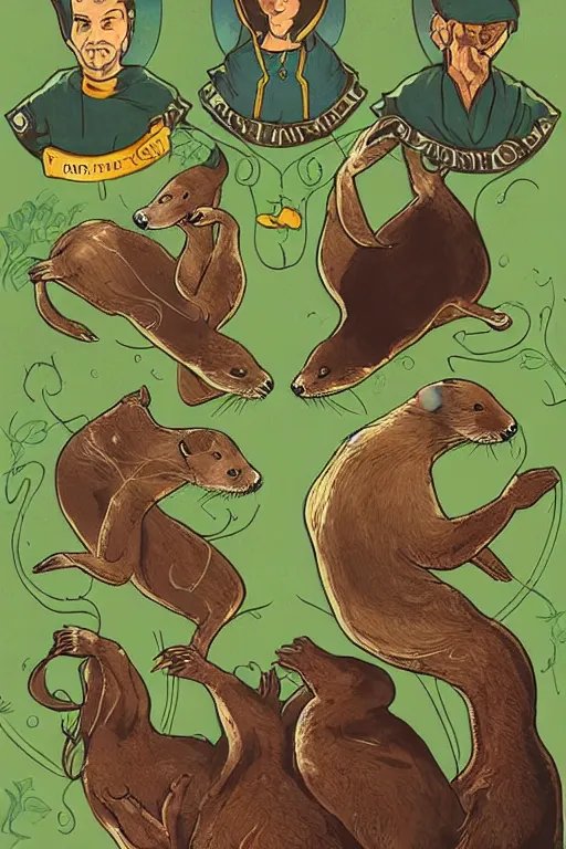 Image similar to Rider-Waite tarot card: Five of Otters, artstation, concept art, 4k