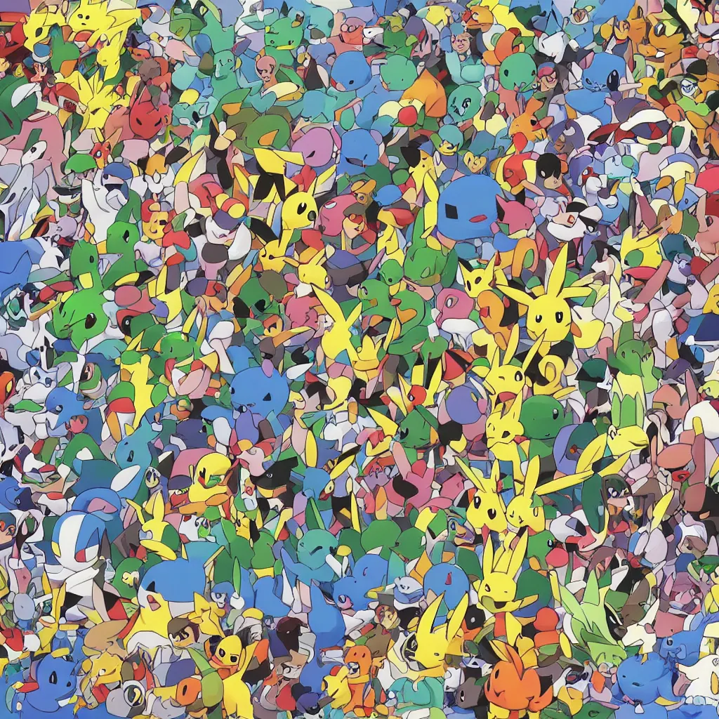 Prompt: official art of a diverse, rainbow-colored crowd of Pokemon, by Ken Sugimori, Bulbapedia,