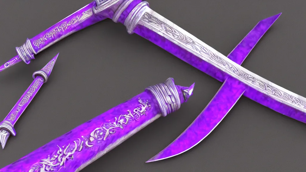 Image similar to medieval broad sword, purple aura, purple inscription on blade, intrinsic design, hyper detailed, 4 k, 8 k, octane render