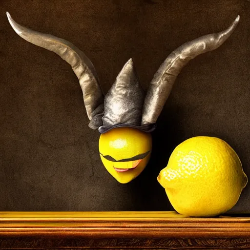 Prompt: antropomorphic lemon with devil horns sorts an archive, realistic photograph, dark