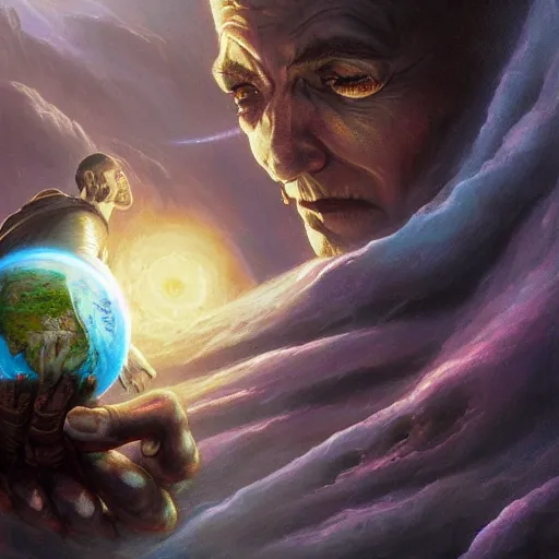 Image similar to the creator of worlds wearing a cloak and holding a holographic planet projection in his hand, detailed, sci - fi, digital painting, artstation, sharp focus, illustration, ominous, artgerm, tomasz alen kopera, peter mohrbacher, donato giancola, joseph christian leyendecker, wlop, frank frazetta