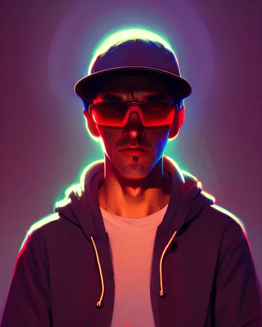 Prompt: neo - noir artstyle, hyper - realistic detailed portrait of a man in a hoodie, with neon visor, by atey ghailan, by greg rutkowski, by greg tocchini, by james gilleard, by joe fenton, by kaethe butcher, sharp focus