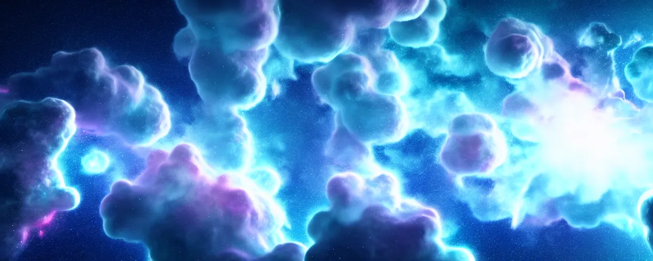 Prompt: cool, minimalist cinematic render of atmospheric space, nebula, galaxy, homeworld skies, volumetric lighting, cumulous fractal smoke pillars nebula