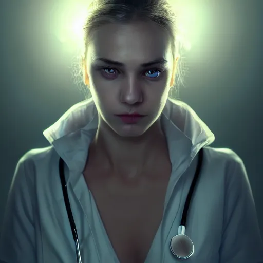 Image similar to I've had a rough day, healthcare worker, perfect eyes, full body shot, portrait, sad, tiredfantasy, beautiful face, medieval, vivid colors, elegant, concept art, sharp focus, digital art, Hyper-realistic, 4K, Unreal Engine, Highly Detailed, HD, Dramatic Lighting by Brom, trending on Artstation