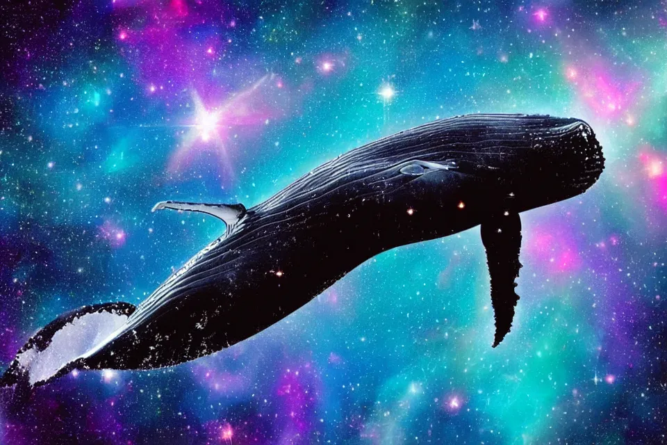 Prompt: a beautiful humpback whale swimming through a colorful nebula in space