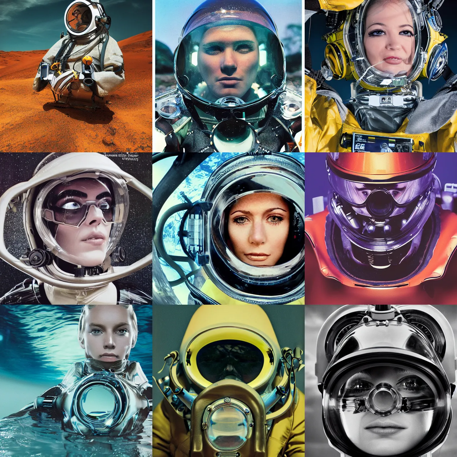 Image similar to beautiful extreme closeup portrait photo in style of frontiers in human deep diving helmet science fashion magazine September retrofuturism edition, highly detailed, soft lighting