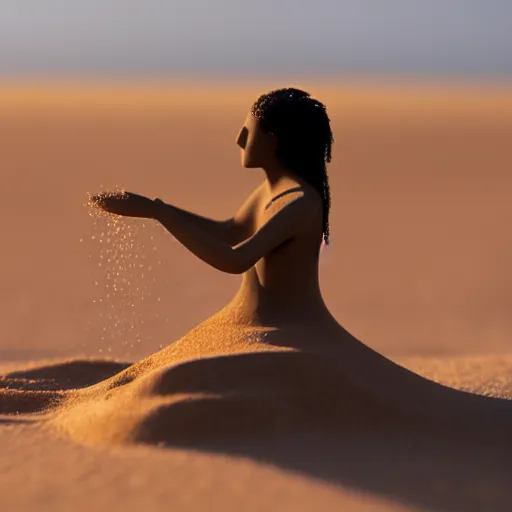 Prompt: Woman made out of sand sitting in desert and staring down at her hand as it slowly blows away and disappears grain by grain. high quality, photo realistic, ultra detail, artistic lighting, realistic, award winning photo, trending on artstation