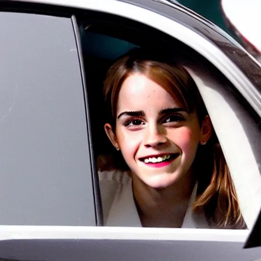 Prompt: emma watson unapologetically grinning from her car window, paparazzi photo, tabloid, perfect clear eyes, hermione granger