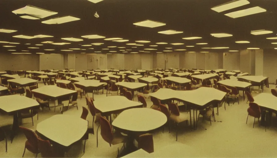 Prompt: 60s movie still of a sovietic stalinist style empty wide ballroom with chairs, cinestill 800t 50mm eastmancolor, liminal Space style, heavy grain-s 150