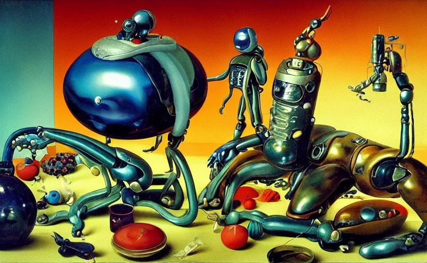 Prompt: strange seductive futuristic robot body, enticing colorful oil painting dutch golden age vanitas still life perfect composition with bulbous objects strange gooey transparent surfaces shiny metal reflections bizarre mutant meat insects rachel ruysch dali todd schorr very detailed perfect composition rule of thirds masterpiece canon 5 0 mm, cinematic lighting, photography, film, kodachrome