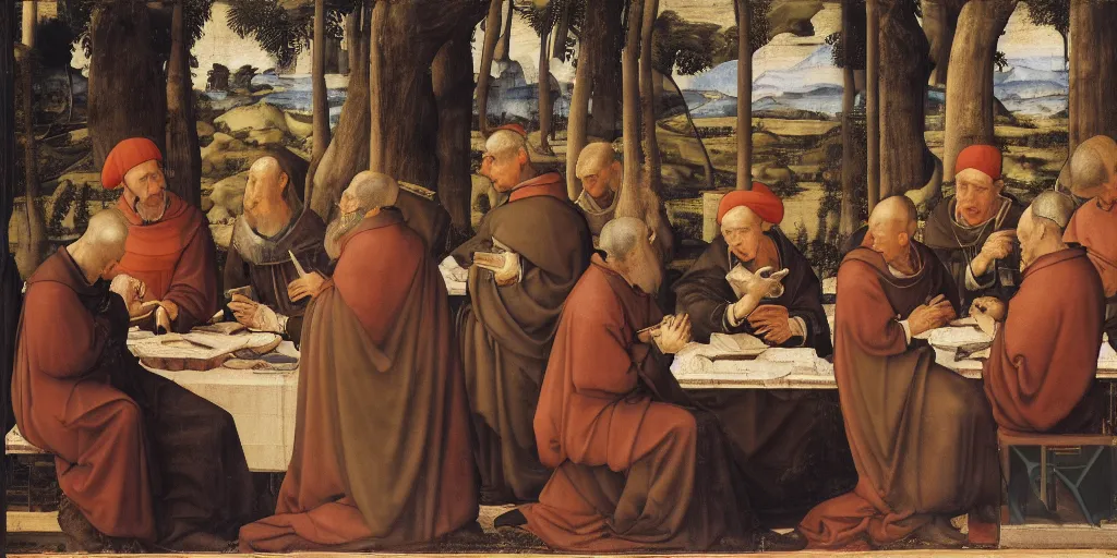 Prompt: Giovanni Bellini, Raphael painting of a group of medieval friars Jesuits at library drawing on Chinese scrolls, 17th century European fine art, masterpiece, oil on canvas, by Raphael, detailed, 4k resolution, realistic