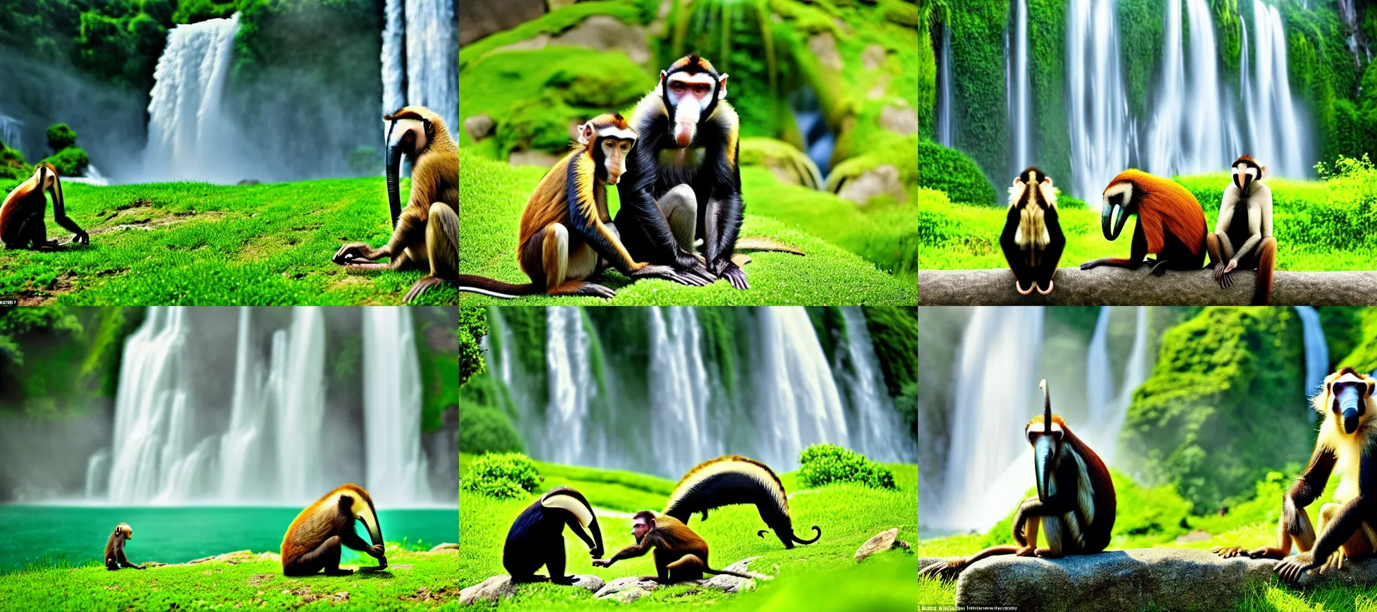 Prompt: two animals : a anteater and a monkey, sitting in a meadow with a waterfall in the background, many details, high quality, 8 k