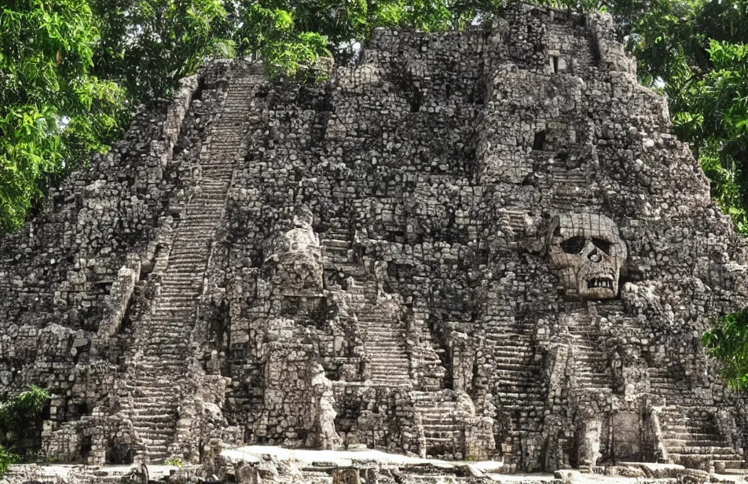 Prompt: mayan temple in form of punisher skull. background jungle
