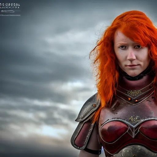 Prompt: north female warrior, red hair, ginger hair, fantasy, high detailed, full body, photography, cloudy, lightweight armor, Scandinavia, plain, Authentic, detailed face, cute face, professional photographer, 8k 3D