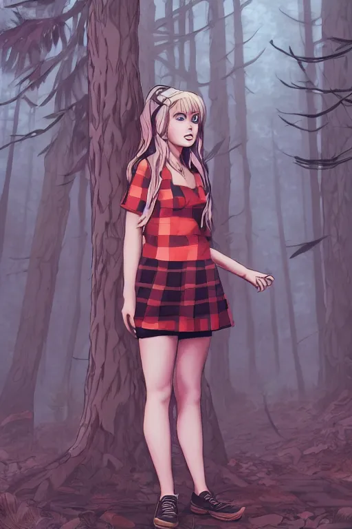 Prompt: sarah humpfrey as a girl in a dark forest, detailed plaid miniskirt, beautiful upper body, by dan mumford, anime style, octane render, trending on artstation