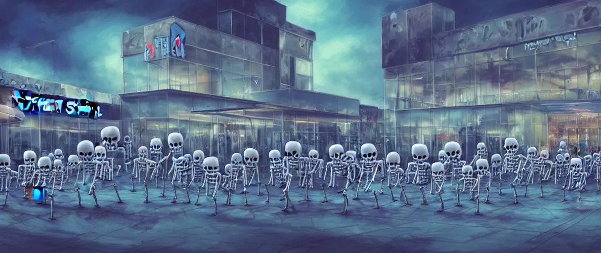 Image similar to hyperrealistic supercute skeleton army mall in background ute osterwald jason limon professional concept art dramatic blue lighting wide angle hd 8k sharp shallow depth of field