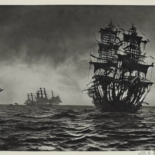 Image similar to an impossibly huge pirate ship, being attacked by a kraken, giant tentacles, lovecraft. 1910s photograph
