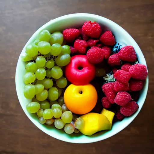 Image similar to a fruit bowl, view from above, movie still, 8 k