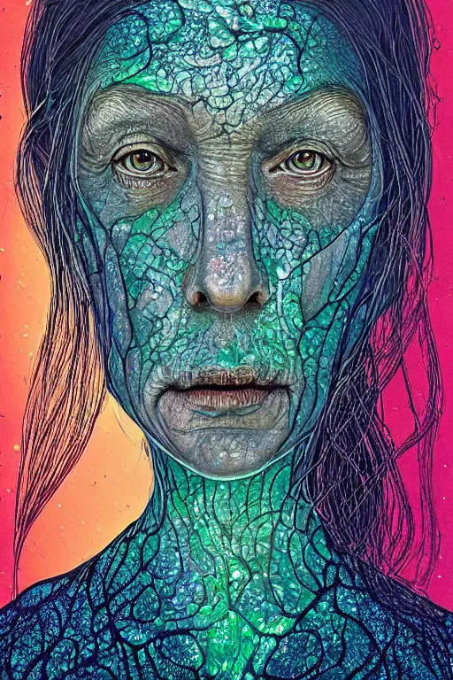 Image similar to dark underwater portrait of one bioluminescent old woman, with cracked reaction diffusion semi - transparent skin. multicolored fish scales, face closeup. long intricate dark hair. good face proportions. with many jellyfishes. very high detail, illustration, by alex grey and ilya kuvshinov