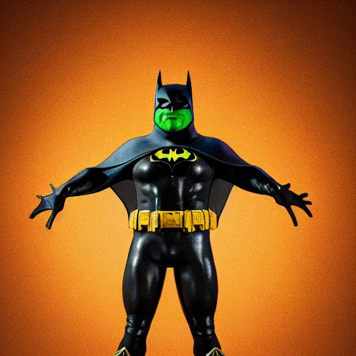 Prompt: photograph, batman the cane toad, wearing smooth froggy batsuit, alluring hero pose, its just a frog wearing a batman costume, painterly, breathtaking stande, triumphant, ornate, intricate, hyper detailed, accent lighting, dramatic light, 4 k octane render