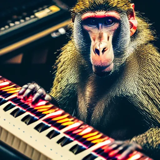 Image similar to photo of a baboon making a DAWless jam, synth, synthesizers, modular synth, jungle