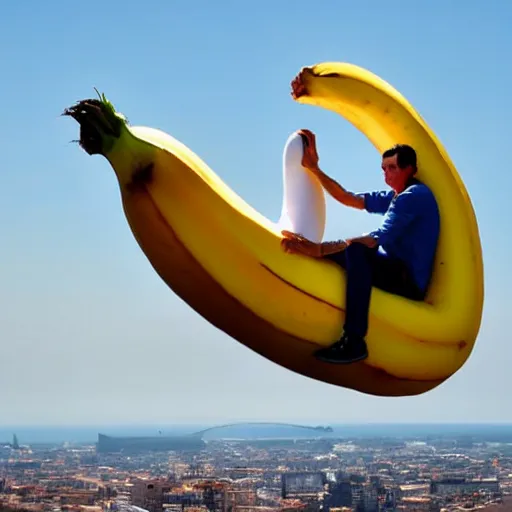 Prompt: Manuel Valls riding a giant banana over barcelona