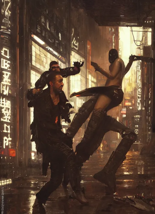 Prompt: blade runner fighting androids ( blade runner 2 0 4 9, cyberpunk 2 0 7 7 character design ). orientalist portrait by john william waterhouse and james gurney and theodore ralli and nasreddine dinet, oil on canvas. cinematic, hyper realism, realistic proportions, dramatic lighting, high detail 4 k
