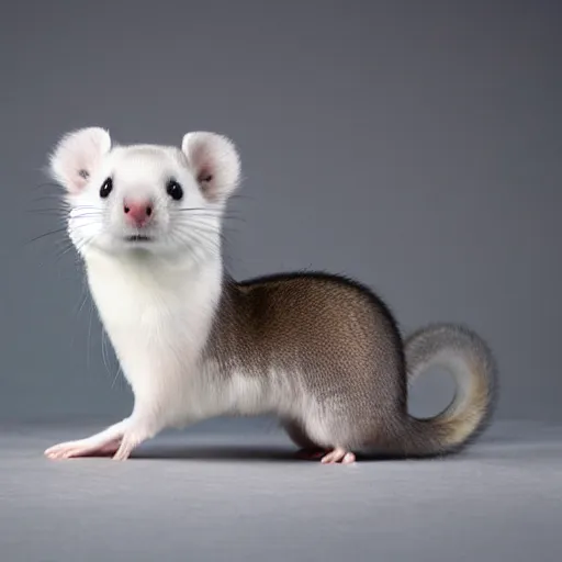 Prompt: chinchilla ferret hybrid, extra long body and tail, multiple legs, dynamic pose, ribbon like body, graceful curves