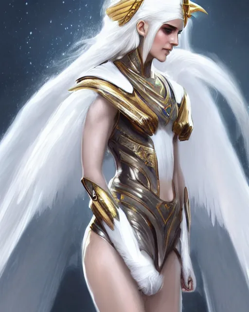 Image similar to perfect white haired egyptian queen emma watson wearing white dove wings warframe armor regal attractive ornate sultry beautiful dreamy digital art painted by wlop trend on artstation, movie key visual